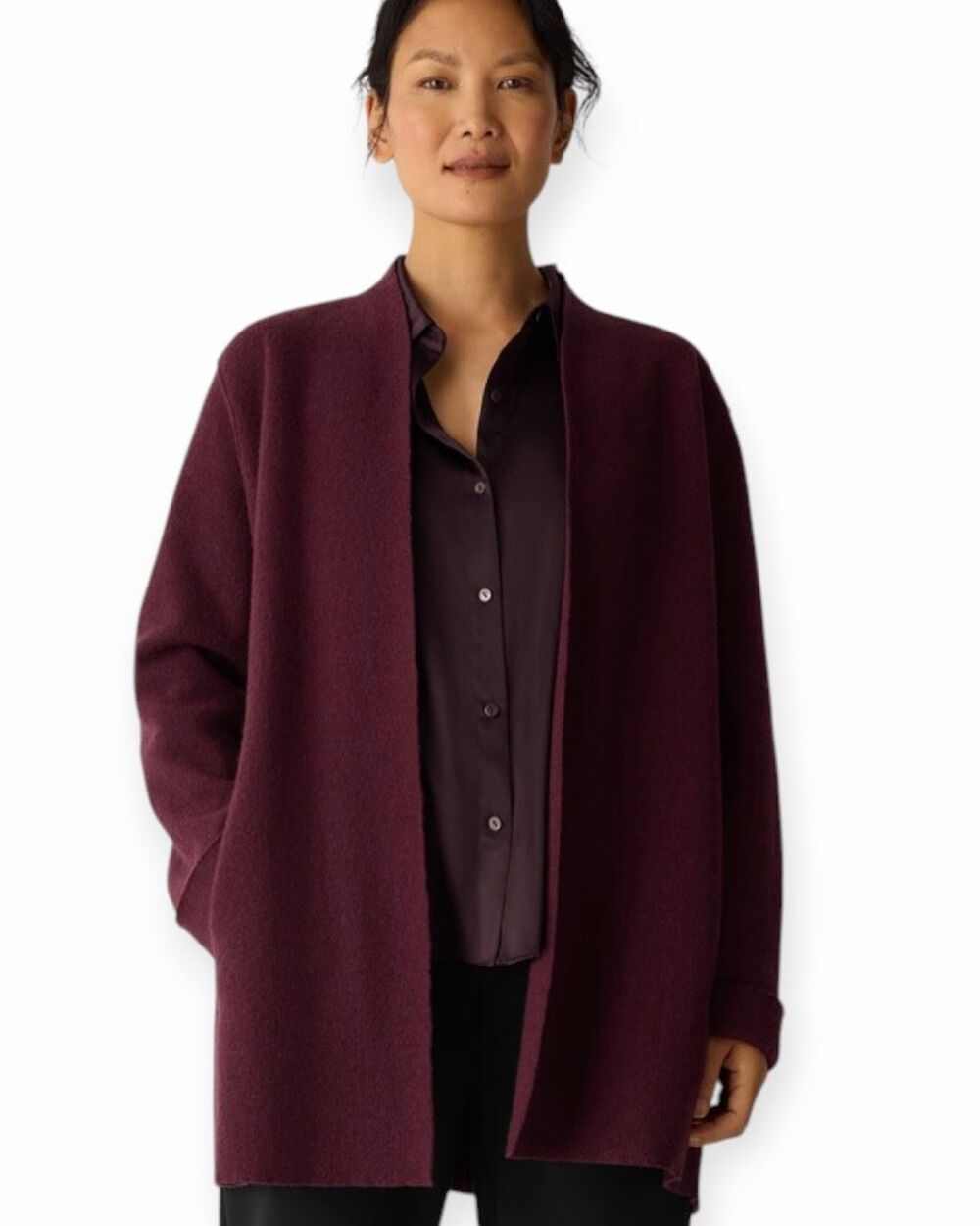EILEEN FISHER Burgundy Boiled Wool High Collar Open Front Jacket Petite Large